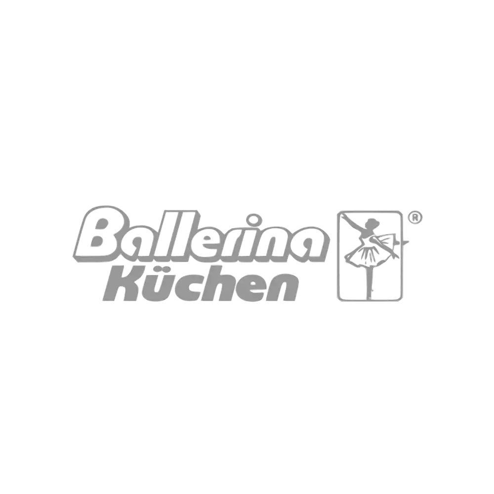 Logo: Ballerina Küchen mit stilisierter Ballerina in einem Quadrat.