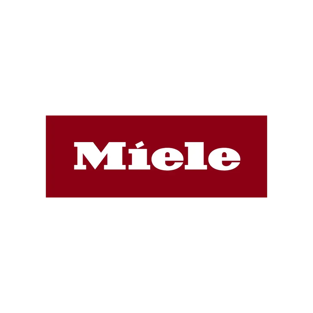 Miele-Logo, weißer Schriftzug auf rotem Hintergrund