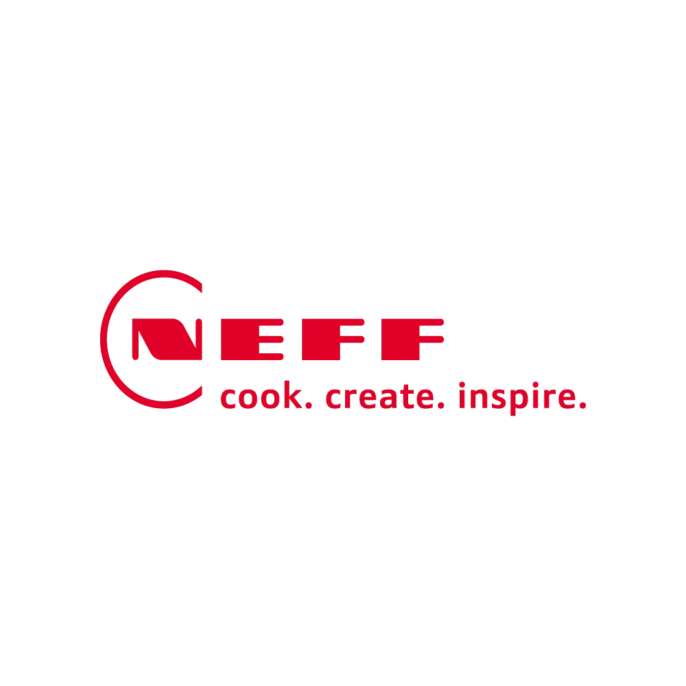 Rotes NEFF-Logo mit dem Slogan „cook. create. inspire.“ auf weißem Hintergrund.